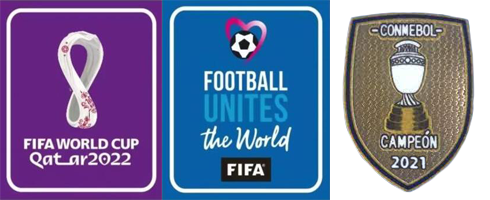 2022 Qatar World Cup Purple & Football Unites The World Blue Badges & CONMEBOL CAMPEON 2021